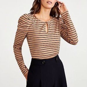 Ann Taylor Puff Shoulder Ribbed Keyhole Top - Tan & Black Stripes, M, NWT